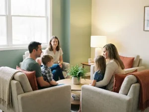 Gezin van vier personen in gesprek met een rustige therapeut in een warm verlichte therapiekamer met linnen stoelen en een houten tafel.