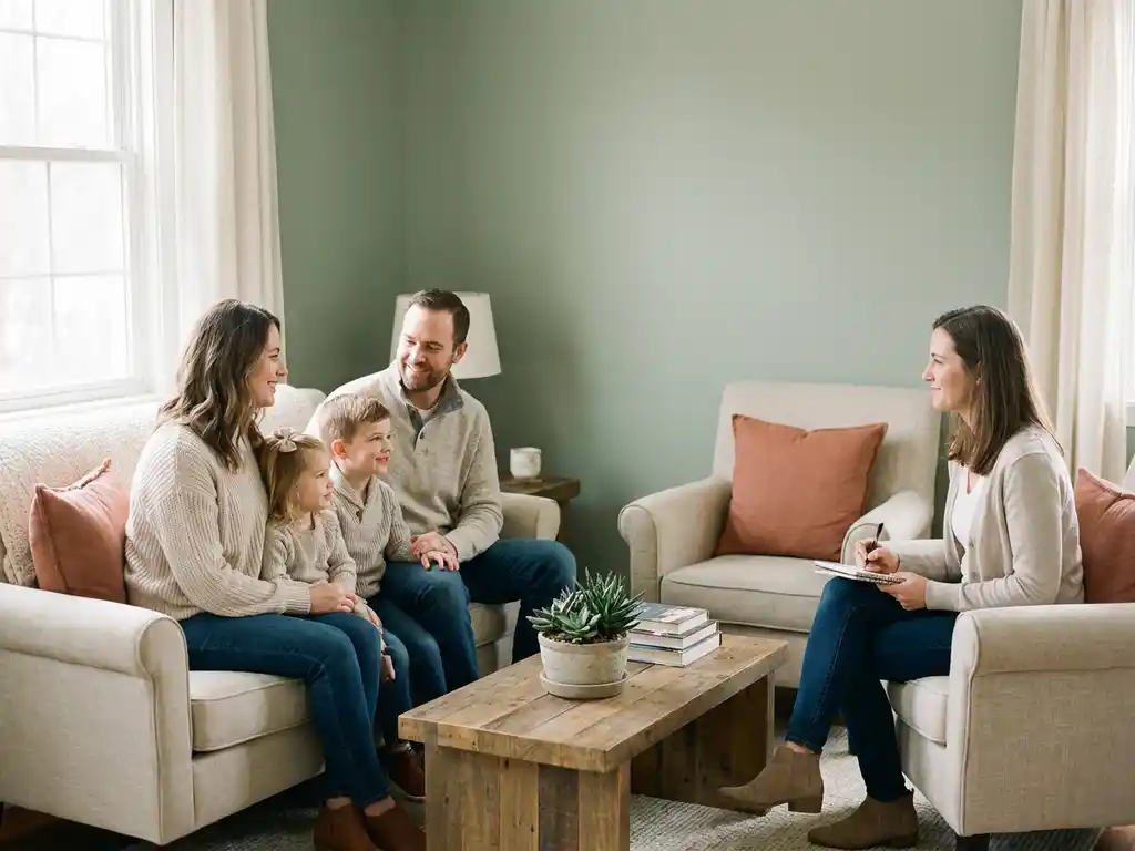 Gezin van vier personen in gesprek met een rustige therapeut in een warm verlichte therapiekamer met linnen stoelen en een houten tafel.