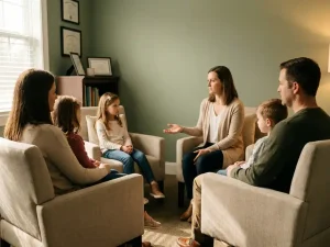 Gezin van vier personen in gesprek met een rustige therapeut in een zacht verlichte therapiekamer met saliegroen muren.