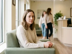 Hooggevoelige persoon zit stil in een zacht verlichte wachtkamer, handen gevouwen, blik naar binnen gericht, warme crème en saliegroen tinten.