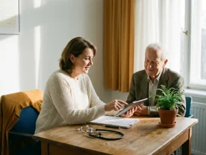 Huisarts in gesprek met oudere patiënt in zonnige spreekkamer, stethoscoop en plant op houten bureau op de voorgrond.