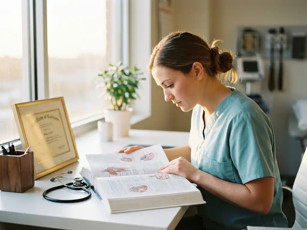 Verpleegkundestudent in scrubs bestudeert medisch leerboek aan klinisch bureau met stethoscoop en accreditatiecertificaat in warm goudkleurig licht.