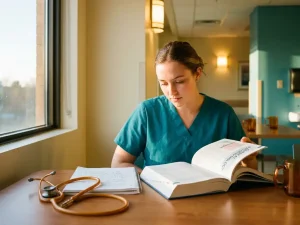 Verpleegkundestudent in scrubs bestudeert medisch leerboek aan tafel, stethoscoop en notitieboek naast haar, warm natuurlijk licht.