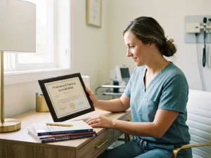 Verpleegkundige in scrubs bestudeert accreditatiecertificaat aan klinisch bureau met medische tijdschriften in zacht natuurlijk licht.
