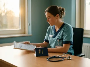 Verpleegkundige in scrubs bestudeert accreditatiecertificaat aan klinisch bureau met V&VN-registratieboekje en stethoscoop.