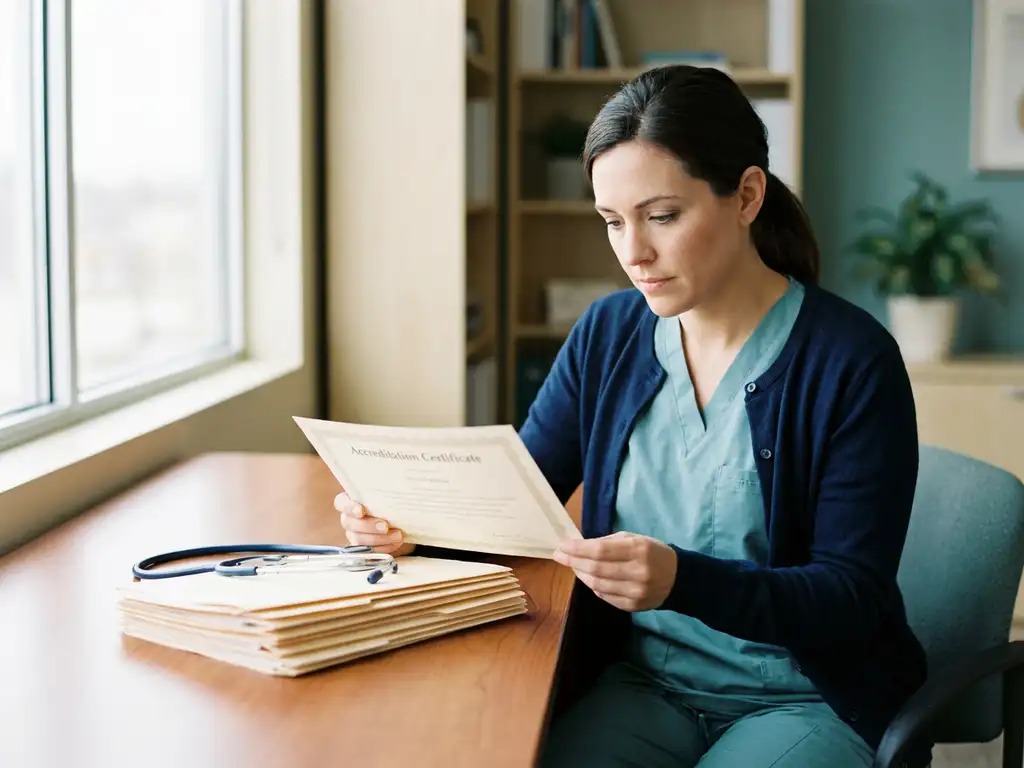 Verpleegkundige in scrubs bestudeert accreditatiecertificaat aan klinisch bureau met stethoscoop en professionele ontwikkelingsmappen.