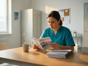 Verpleegkundige in scrubs bestudeert congresprogramma aan brekamertafel met koffie en medische tijdschriften in warm natuurlijk licht.