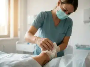 Verpleegkundige in scrubs voert nauwkeurig een klinische handprocedure uit op de arm van een patiënt in een steriele omgeving.