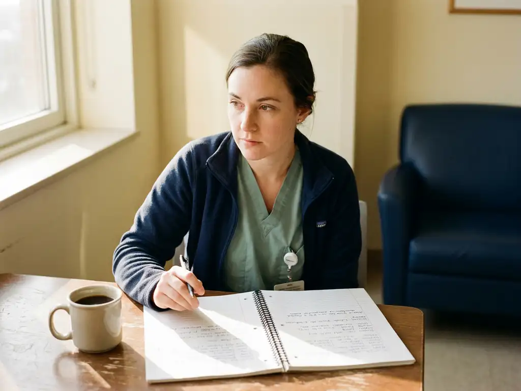 Zorgprofessional in scrubs die peinzend aantekeningen maakt in een notitieboek tijdens een pauze, met koffie en zacht middaglicht.