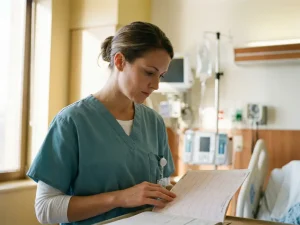 Verpleegkundige in scrubs bestudeert patiëntendossier aan ziekenhuisbed, warm klinisch licht, professionele zorgomgeving.