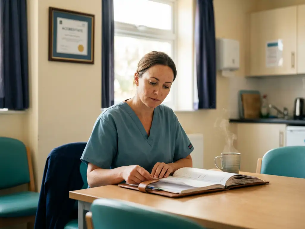 Verpleegkundige in scrubs leest vakblad aan tafel in ziekenhuispauzeruimte, met accreditatiecertificaat en koffie nearby.