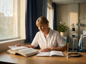 Ervaren verpleegkundige in wit uniform bestudeert medisch leerboek aan klinisch bureau, stethoscoop naast opengeslagen notitieboek.