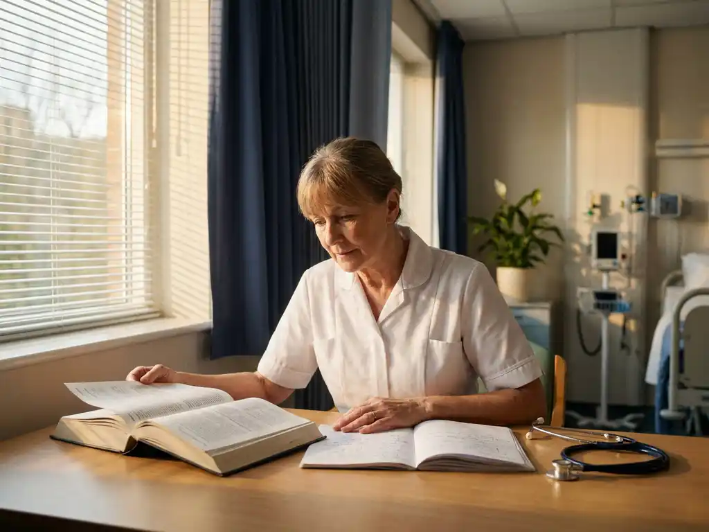 Ervaren verpleegkundige in wit uniform bestudeert medisch leerboek aan klinisch bureau, stethoscoop naast opengeslagen notitieboek.