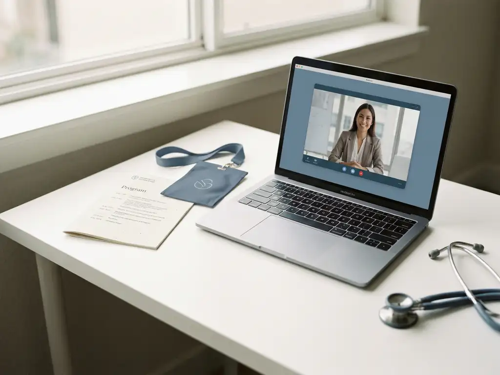Laptop met videocall naast congresbadge, programmaboekje en stethoscoop op wit bureau in zacht natuurlijk licht.