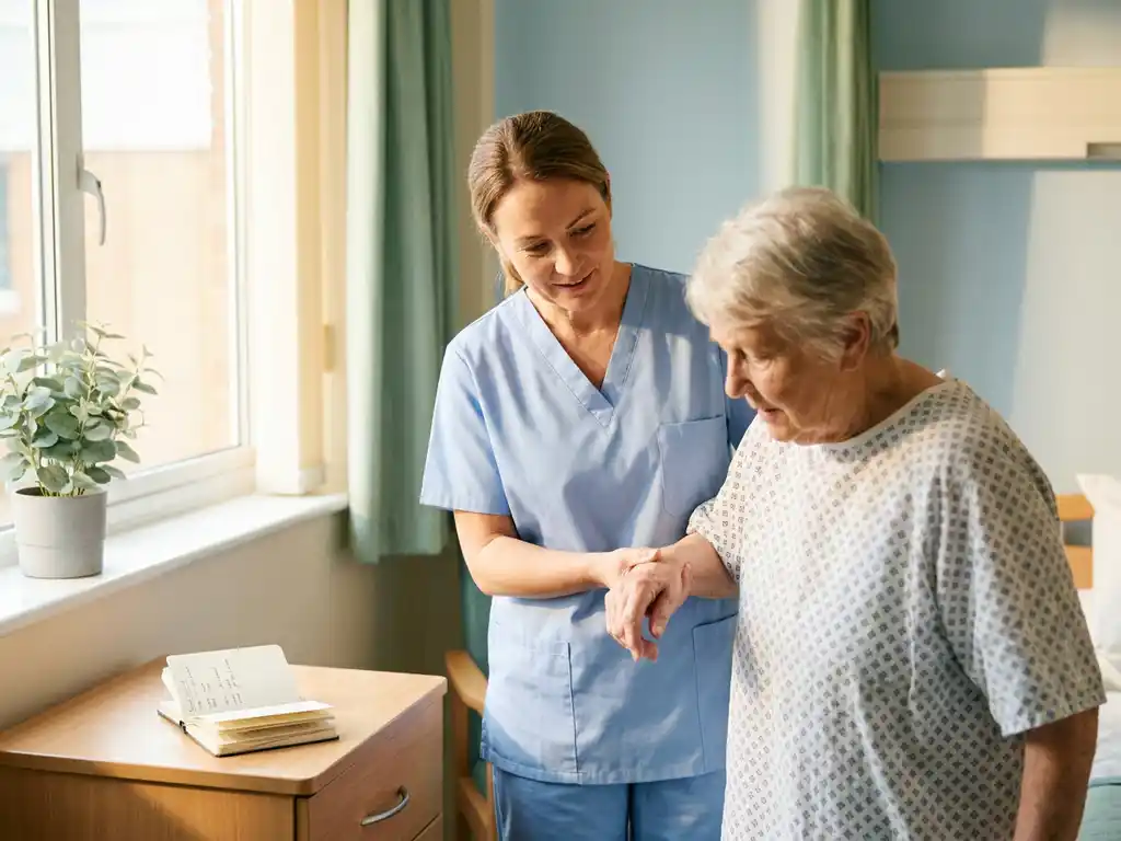 Zorgassistent in scrubs ondersteunt een oudere patiënt tijdens de ochtendroutine in een lichte zorgkamer met warm natuurlijk licht.