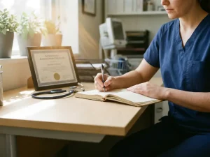 Zorgprofessional in scrubs maakt aantekeningen aan klinisch bureau met stethoscoop en accreditatiecertificaat in warm natuurlijk licht.