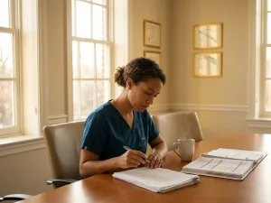 Zorgprofessional in scrubs bestudeert aantekeningen aan vergadertafel met koffie en klinische documenten in warm middaglicht.