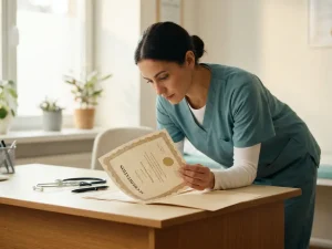 Zorgprofessional in scrubs bestudeert accreditatiecertificaat aan klinisch bureau met stethoscoop en pen.