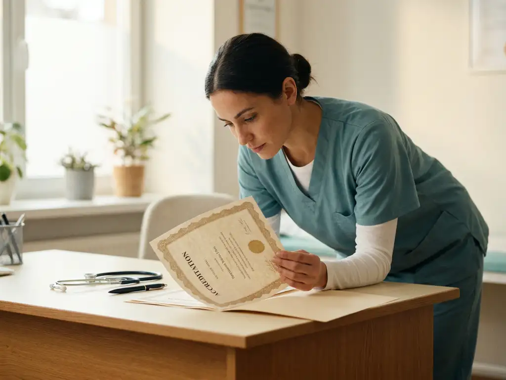 Zorgprofessional in scrubs bestudeert accreditatiecertificaat aan klinisch bureau met stethoscoop en pen.