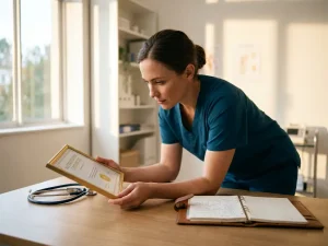 Zorgprofessional in scrubs bestudeert accreditatiecertificaat aan klinisch bureau met stethoscoop en medisch notitieboek.
