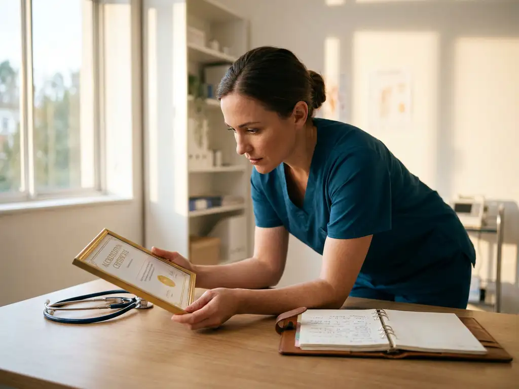 Zorgprofessional in scrubs bestudeert accreditatiecertificaat aan klinisch bureau met stethoscoop en medisch notitieboek.