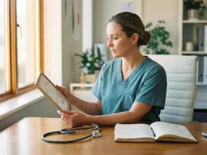 Zorgprofessional in scrubs bestudeert accreditatiecertificaat aan klinisch bureau met stethoscoop en medisch notitieboek.