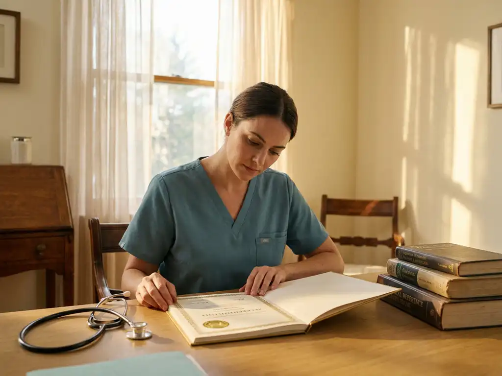 Zorgprofessional in scrubs bestudeert accreditatiecertificaat aan klinisch bureau met stethoscoop en medische naslagwerken.