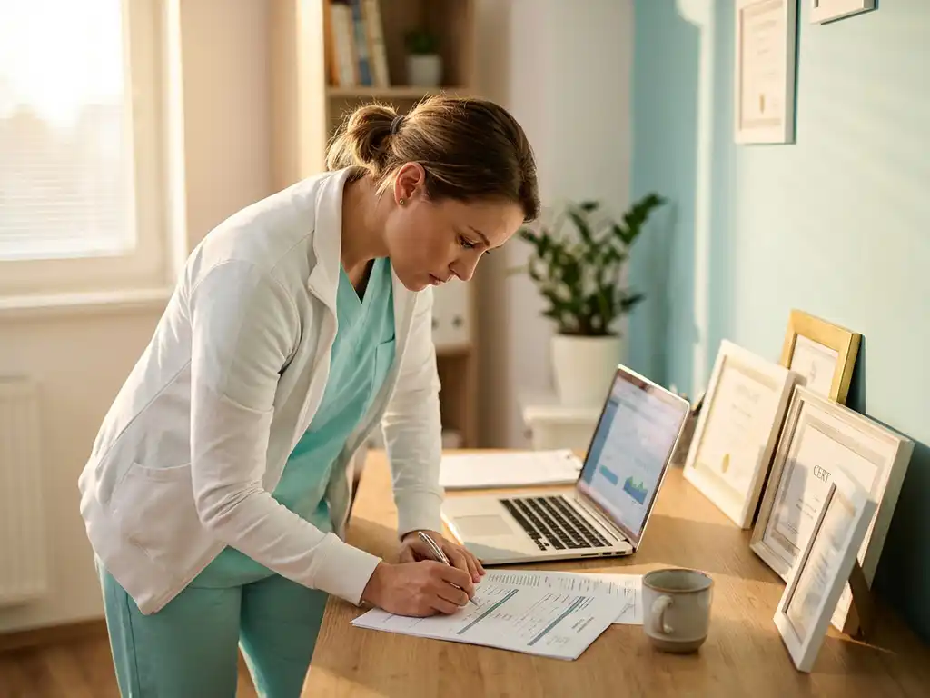 Zorgprofessional in scrubs annoteert medische aantekeningen aan bureau met laptop en accreditatiecertificaten, warm goudkleurig licht.