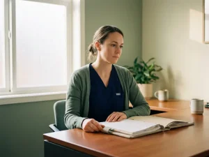 Zorgprofessional aan consultatiebureau met open patiëntdossier, zacht natuurlijk licht, rustige sfeer voor geestelijke gezondheidsbeoordeling.