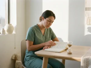 Zorgprofessional in scrubs bestudeert notitieboek aan klinisch bureau met zandloper, warm middaglicht door raam.