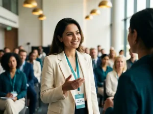 Zorgprofessional met lanyard in gesprek met collega tijdens medisch congres, warme teal- en crèmetinten, onscherpe achtergrond met aanwezigen.