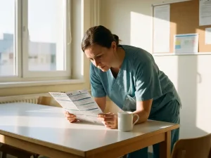 Zorgprofessional in scrubs bestudeert congresschema aan brekamertafel met dampende koffie in warm natuurlijk licht.