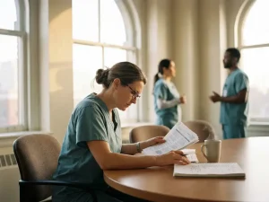 Zorgprofessional in scrubs bestudeert klinische aantekeningen aan vergadertafel met koffie, collega's op de achtergrond, warm ochtendlicht.