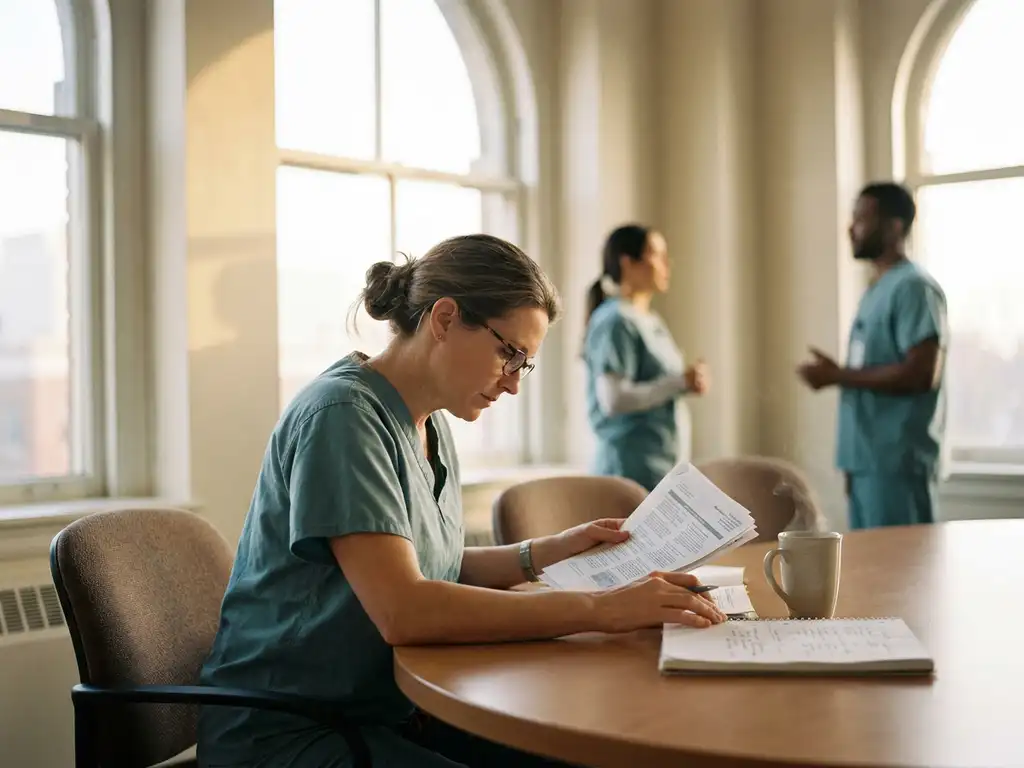 Zorgprofessional in scrubs bestudeert klinische aantekeningen aan vergadertafel met koffie, collega's op de achtergrond, warm ochtendlicht.