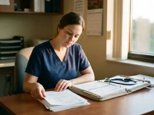 Zorgprofessional in scrubs bestudeert klinische aantekeningen aan ziekenhuisbalie met stethoscoop en medische map in warm licht.