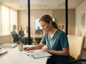 Zorgprofessional in scrubs leest medisch tijdschrift aan klinisch bureau met dampende koffie, zachte ochtendlicht.