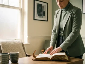 Zorgprofessional in rustige klinische omgeving met een versleten leren notitieboek op bureau, zacht natuurlijk licht door matglas.
