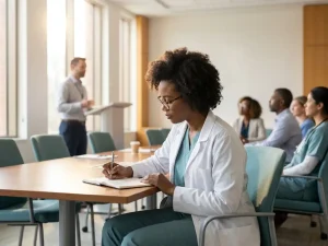Zorgprofessional in scrubs maakt aantekeningen tijdens medische conferentie in lichte moderne zaal met spreker op de achtergrond.