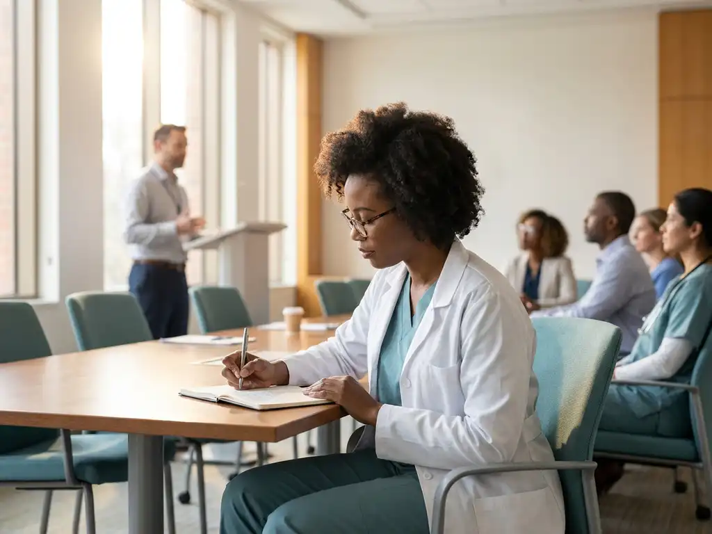 Zorgprofessional in scrubs maakt aantekeningen tijdens medische conferentie in lichte moderne zaal met spreker op de achtergrond.