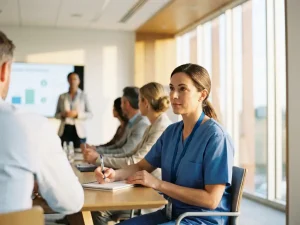 Zorgprofessional in scrubs maakt aantekeningen tijdens medische conferentie in moderne vergaderzaal met natuurlijk licht.