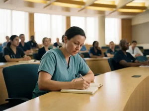 Zorgprofessional in scrubs maakt aantekeningen in notitieboek tijdens medische conferentie, collega's op de achtergrond.