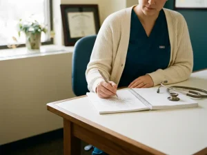 Zorgprofessional schrijft gestructureerde aantekeningen in notitieboek op klinisch bureau met stethoscoop, warm natuurlijk licht.