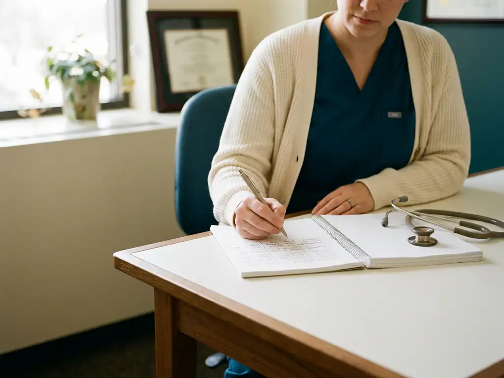 Zorgprofessional schrijft gestructureerde aantekeningen in notitieboek op klinisch bureau met stethoscoop, warm natuurlijk licht.