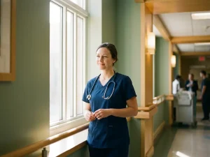 Zorgprofessional in scrubs staat rustig in een lichte klinische gang met gevouwen handen en een warme, zelfverzekerde uitstraling.