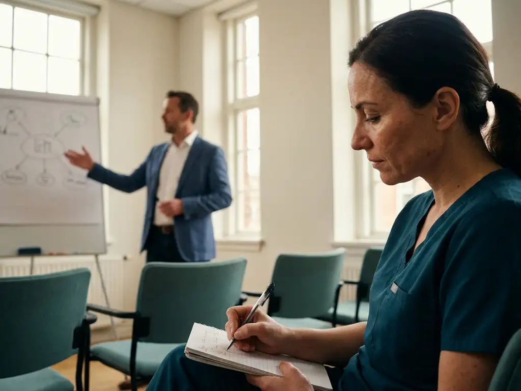 Zorgprofessional in scrubs maakt aantekeningen tijdens medisch seminar, terwijl een expert bij een whiteboard presenteert.