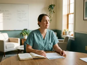 Zorgprofessional in scrubs aan vergadertafel met notitieboek en agenda, warm verlicht seminarielokaal op de achtergrond.