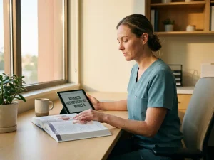 Zorgprofessional in scrubs aan klinisch bureau met medisch leerboek en tablet, warm natuurlijk licht.
