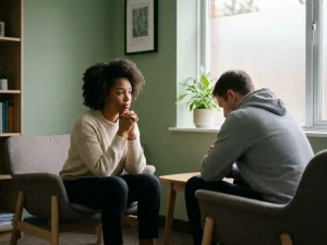 Zorgprofessional tegenover teruggetrokken patiënt in rustige spreekkamer, zacht natuurlijk licht, empathische sfeer.