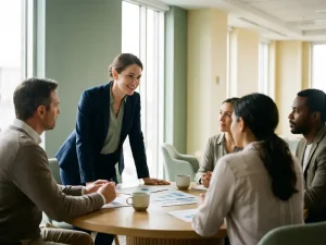 Zorgprofessional in zakelijke kleding bespreekt presentatiemateriaal met collega's aan een ronde tafel in een lichte vergaderruimte.