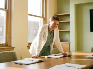 Zorgprofessional in scrubs aan vergadertafel met notitieboeken en koffie, glimlachend in warm middaglicht.